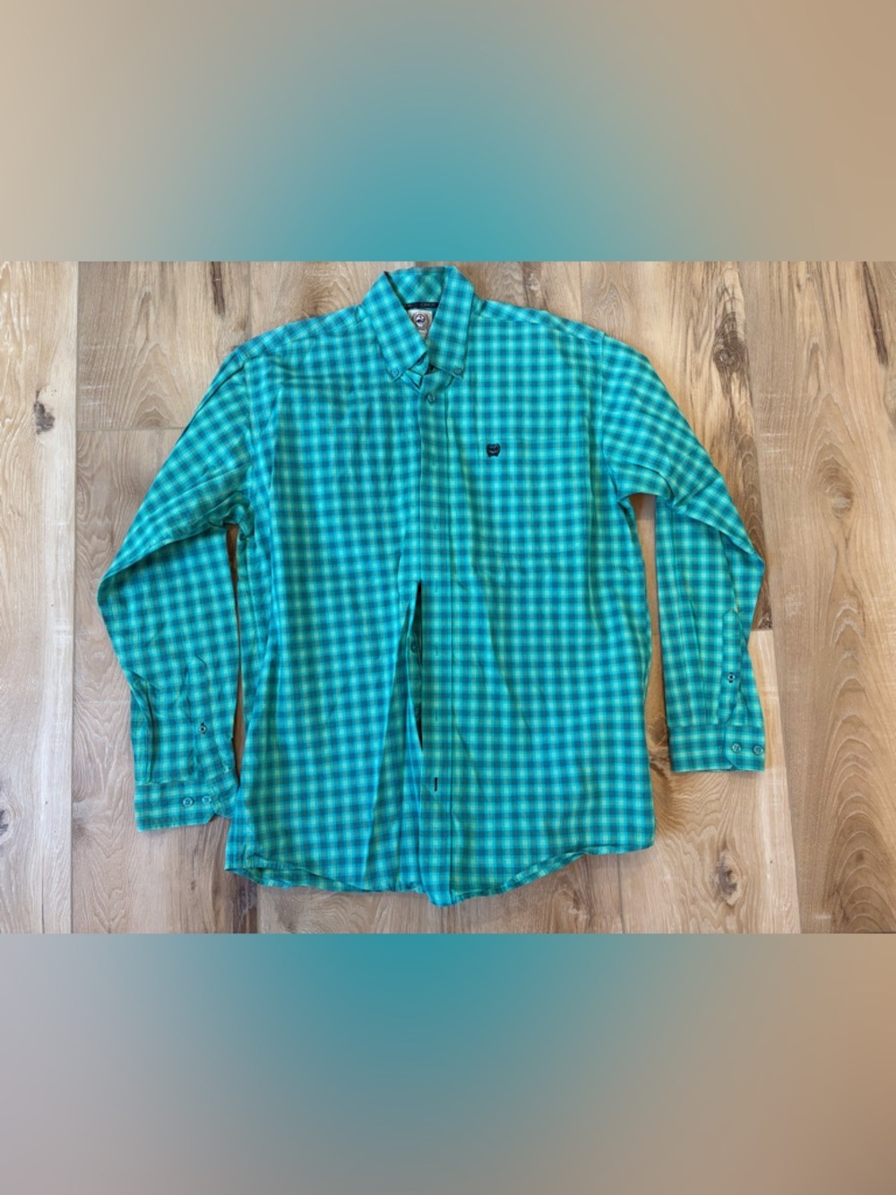Men’s Cinch Teal and Green Plaid Button-Down Shirt